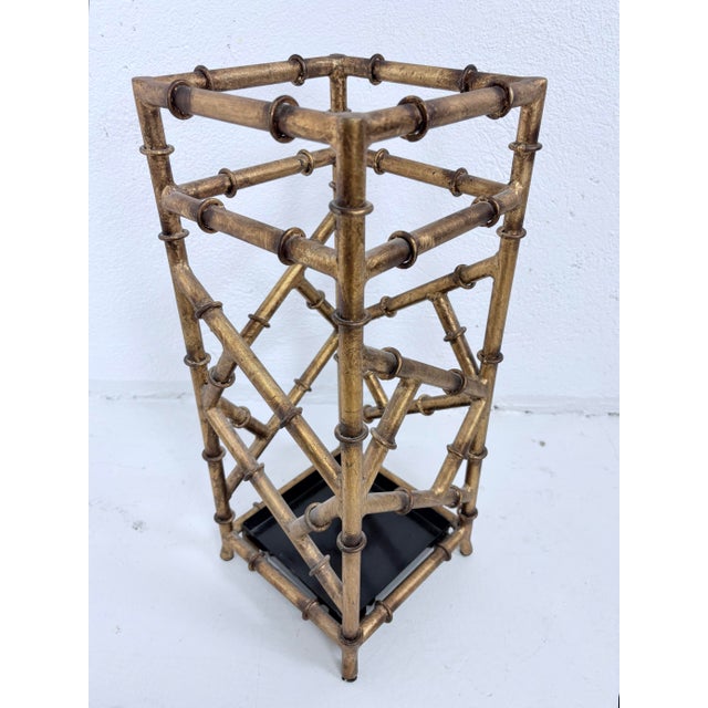 Mid-Century Vintage Gilded Wrought Iron Faux Bamboo Umbrella Stand For Sale - Image 4 of 8
