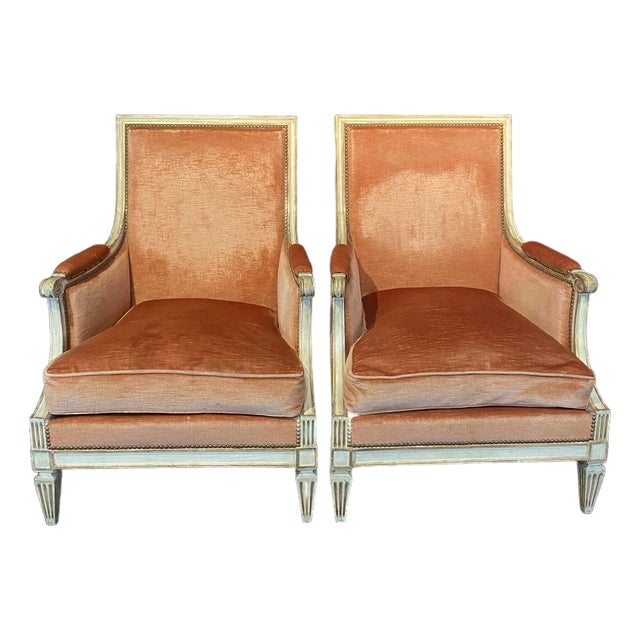 Antique French Louis XVI Painted Bergere Chairs or Armchairs -a Pair For Sale