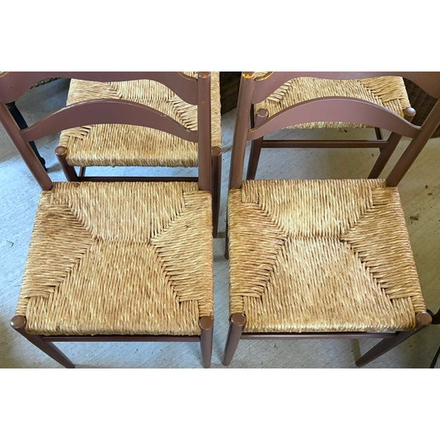 French Country Mid Century Dining Chairs With Rush Seats For Sale - Image 4 of 9