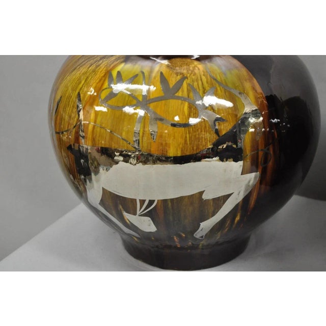 Sunset Lamps Mid Century Modern Sunset Cosco Ram Brown Drip Glaze Pottery Table Lamps Pair B For Sale - Image 4 of 12