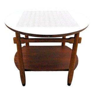 1950s Vintage Lane Round Two Tier Greek Key Pattern Laminate Top Occasional Side Table For Sale
