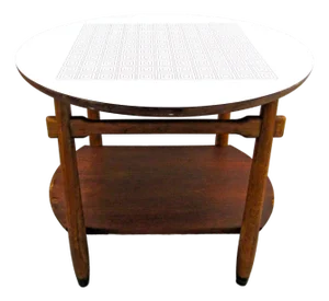 1950s Vintage Lane Round Two Tier Greek Key Pattern Laminate Top Occasional Side Table