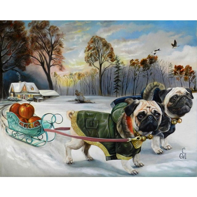 Our Tracks Will be Concealed by Claudia Griesbach-Martucci | Oil Painting of two pugs pulling a sled in winter. For Sale