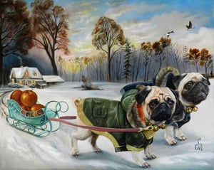 Our Tracks Will be Concealed by Claudia Griesbach-Martucci | Oil Painting of two pugs pulling a sled in winter.