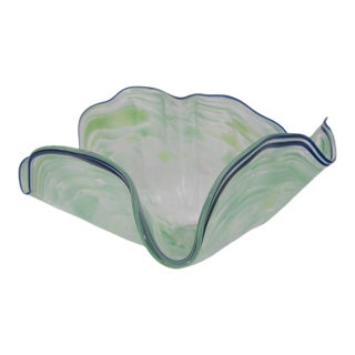 Large Seaform Blue Green Ruffled Pilchuck Studio Hand Blown Art Glass Bowl For Sale