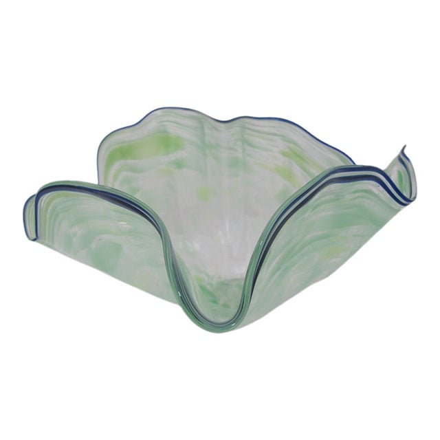 Large Seaform Blue Green Ruffled Pilchuck Studio Hand Blown Art Glass Bowl For Sale