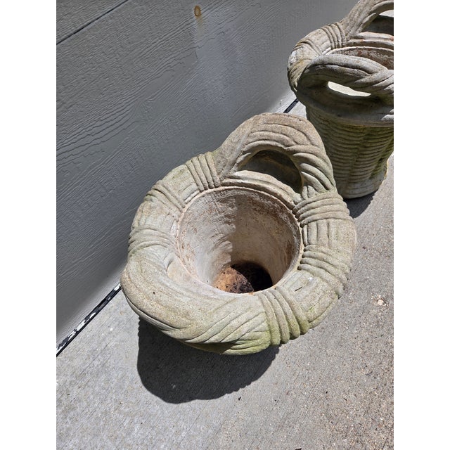Traditional Vintage Cast Stone Concrete Cement Woven Basket Garden Planters- A Pair For Sale - Image 3 of 6