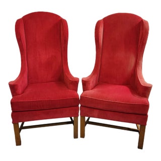 Pair of Mid 20th C American Red Velvet High Wingback Chairs For Sale