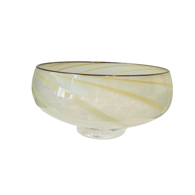Mid-Century Modern Vintage Hand-Blown Studio Art Glass Compote Bowl With Caramel Ribbon Swirl | Mid-Century Murano-Style Glass For Sale - Image 3 of 12