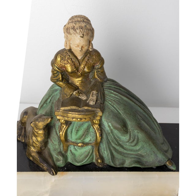 1930s French Art Deco Onyx & Polychrome Pewter Reading Woman with Dog, 1930 For Sale - Image 5 of 9