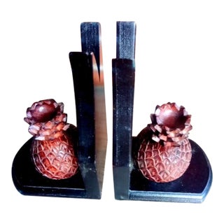 Vintage Carved Wood Pineapple Bookends - A Pair For Sale