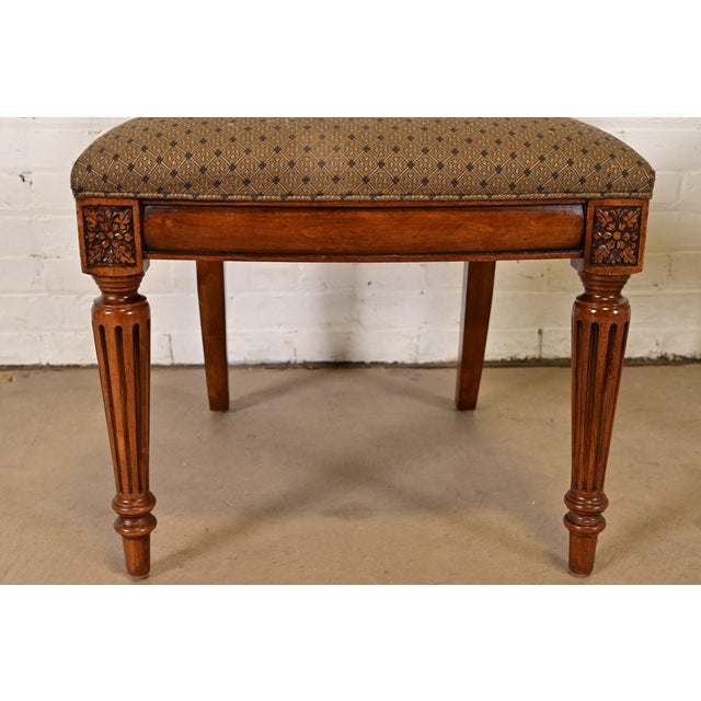 Brown Ethan Allen French Regency Louis XVI Carved Cherry Wood Upholstered Side Chairs or Dining Chairs, Pair For Sale - Image 8 of 11