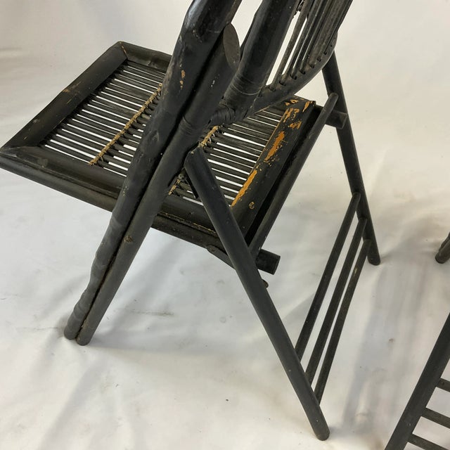 Chinoiserie Vintage Chinoiserie Black Painted Bamboo & Wood Folding Chairs - A Pair For Sale - Image 3 of 11