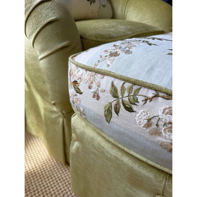 Custom Tufted Celadon Green Lounge Chair & Ottoman Set in Floral Colefax and Fowler For Sale - Image 16 of 18
