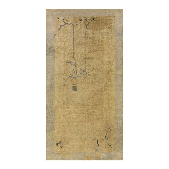 1920s Khaki Solid Open Field Antique Chinese Art Deco Gallery Rug 5'2" X 10'2" For Sale
