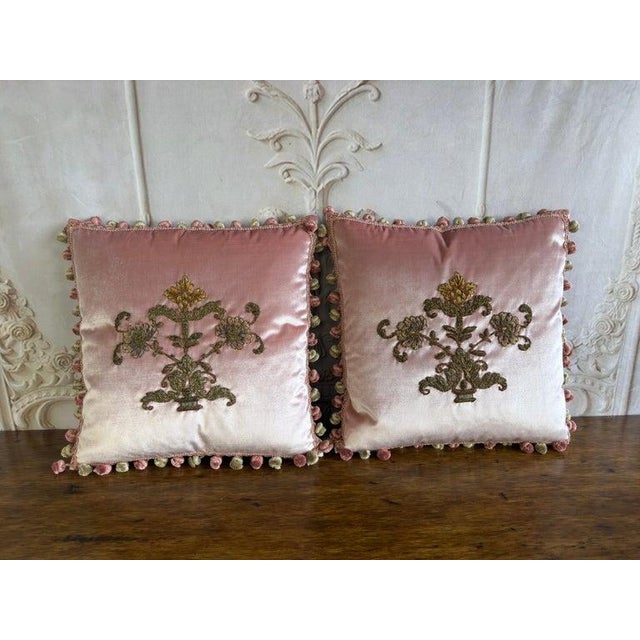 An exquisite and highly romantic pair of couture boudoir pillows, embodying the opulence of French haute couture...