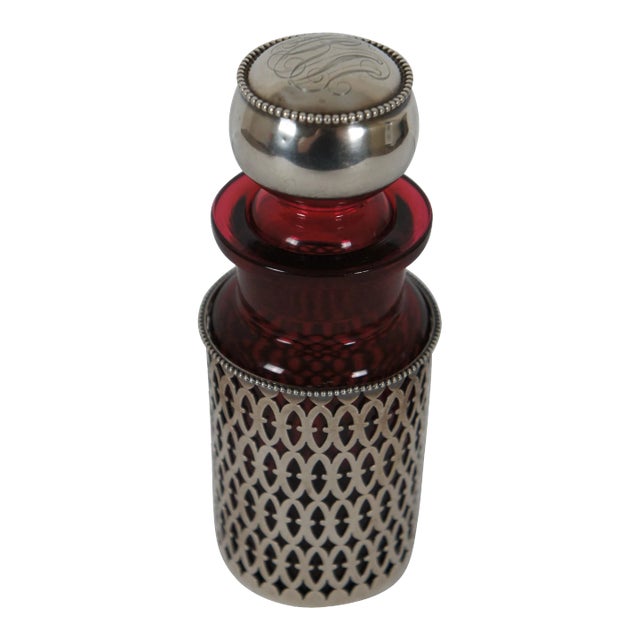 Antique American Sterling Silver & Cranberry Glass 114 Perfume Vanity Bottle 58g For Sale