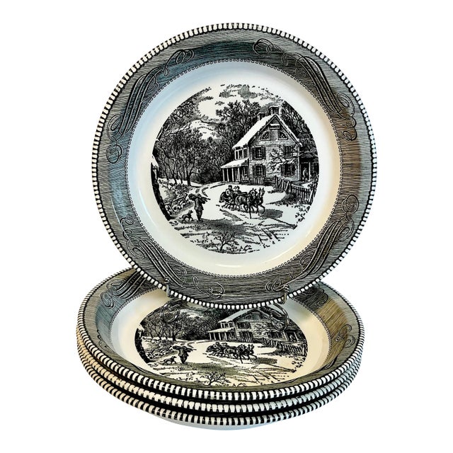 1970s Vintage Americana Boho Chic Jeannette China Black Supper Bowl-Plate - Set of 4. For Sale