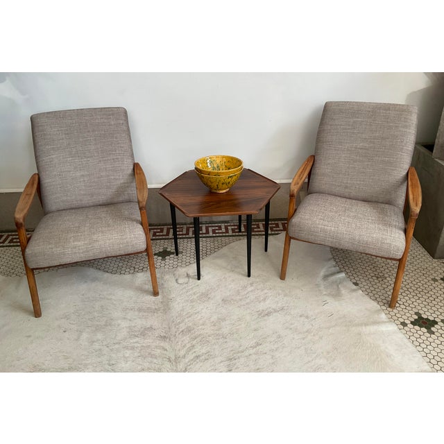 Pair of MCM French Upholstered Wooden Armchairs For Sale - Image 10 of 11