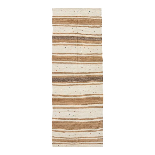 Vintage Turkish Kilim Flatweave Beige Stripes Wool Runner For Sale