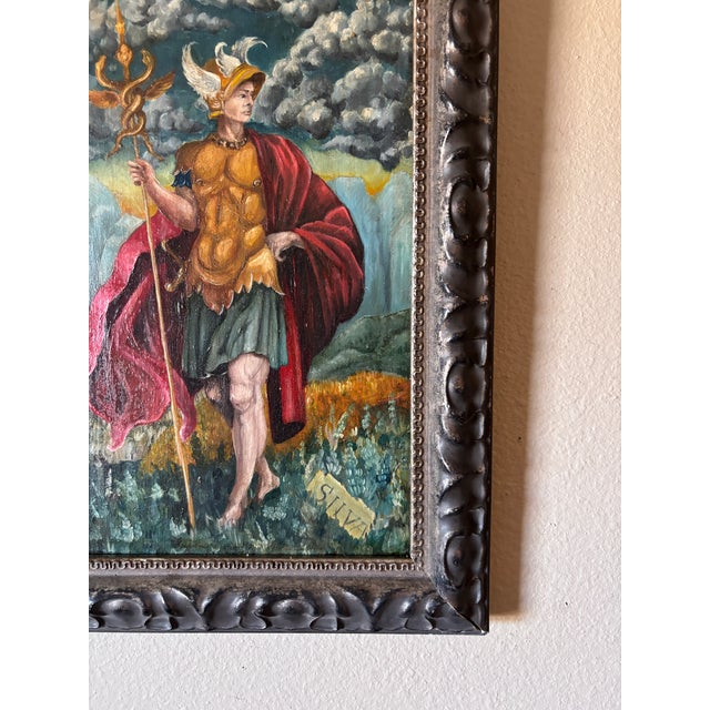 Beautiful vintage Italian oil on wood painting of Mercury with later framed in a figurative style. The grand tour style...