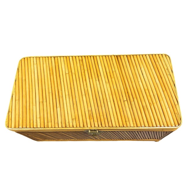 Restored Mid-Century Split Reed Rattan & Pine Trunk W/ Brass Paktong Latch For Sale In Los Angeles - Image 6 of 13