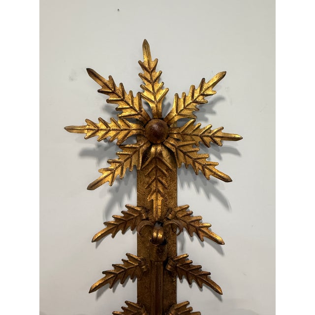 Italian Pair, Mid Century Italian Gilt Metal Leaf Starburst Three Arm Candle Sconces For Sale - Image 3 of 9