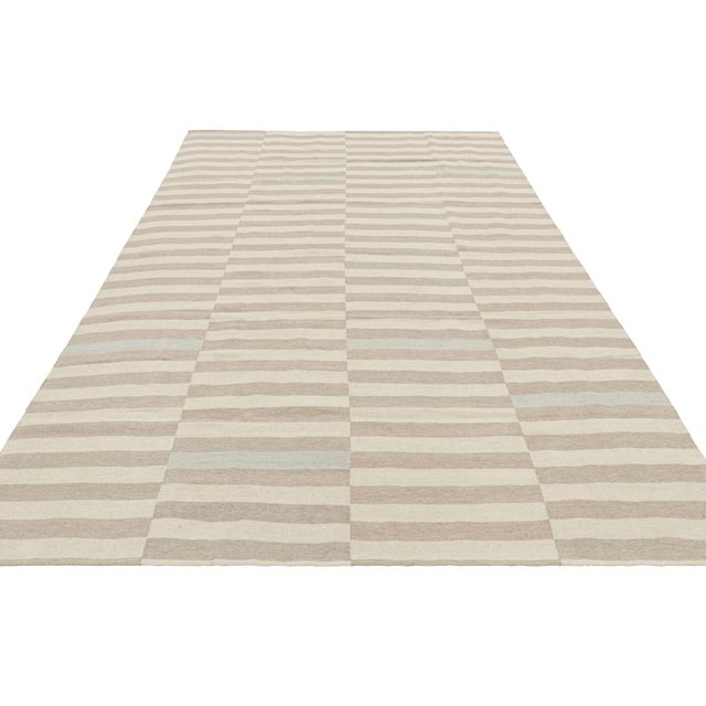 2010s Rug & Kilim’s Contemporary Kilim With Textural Beige, Taupe and Blue Stripes For Sale - Image 5 of 7