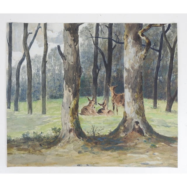 English Early 19th Century Robert Hills Deer in Forest Landscape Watercolor Painting For Sale - Image 3 of 3
