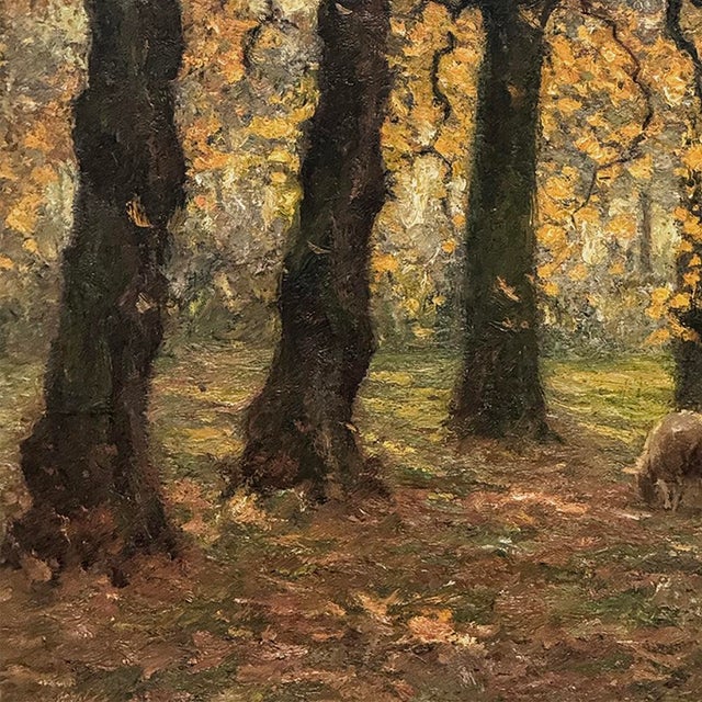 Framed Oil Painting on Canvas by Alphonse Van Beurden Jr. (1878–1962) 'Shepherd and Flock in Autumn Forest' For Sale - Image 12 of 15
