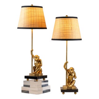 Jamaica Monkey Accent Lamp with Raffia Shade, Set of 2 For Sale