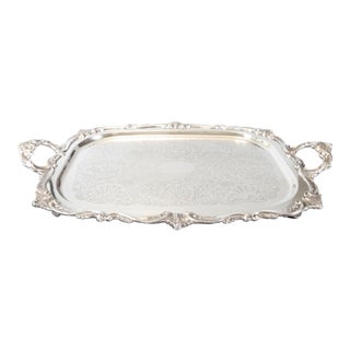 Antique English Silver Plate Footed Serving Tray With Handles For Sale