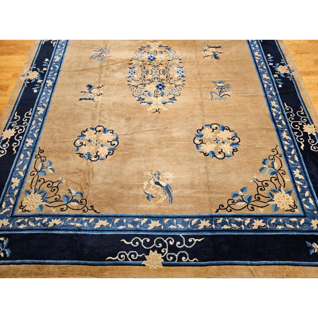 19th Century Oversized Chinese Peking Hand-Knotted Rug in Tan, Navy, Blue For Sale - Image 11 of 18