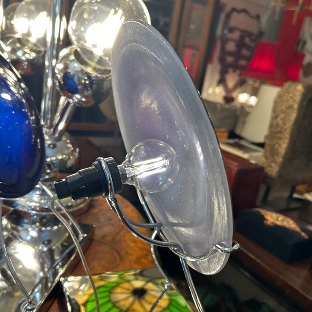 Metal Italian Red Hand Blown Convex Disk and Chrome Frame Tabletop Lamp Style of Murano For Sale - Image 7 of 11