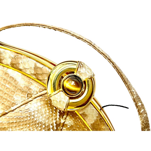 90s Judith Leiber Pouch Snakeskin Tan Beige Clutch Shoulder Bag Tiger Eye Gemstone Vintage For Sale - Image 10 of 16