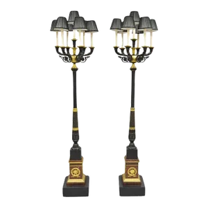Antique French Empire Bronze & Marble Lighted Candelabra Torchere Floor Lamps - a Pair