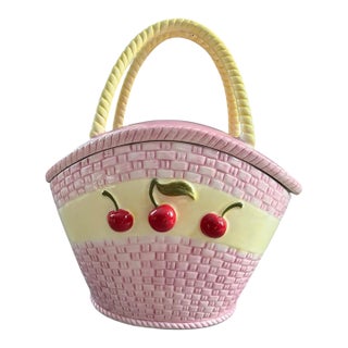 Vintage Pink Woven Basket Cherry Cookie Jar With Yellow Handle For Sale