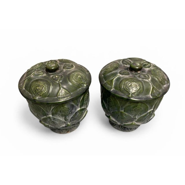 Pair of Vintage Mid-Century Modern Artichoke Footed Ceramic Jars With Lid For Sale In West Palm - Image 6 of 11