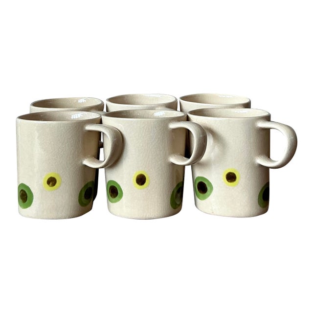 Vintage Boho Glazed Ceramic Polka Dot Coffee Cups. - Set of 6 For Sale