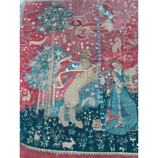 Antique French Screen Printed Tapestry Lady and Licorn, 1950s For Sale - Image 4 of 18