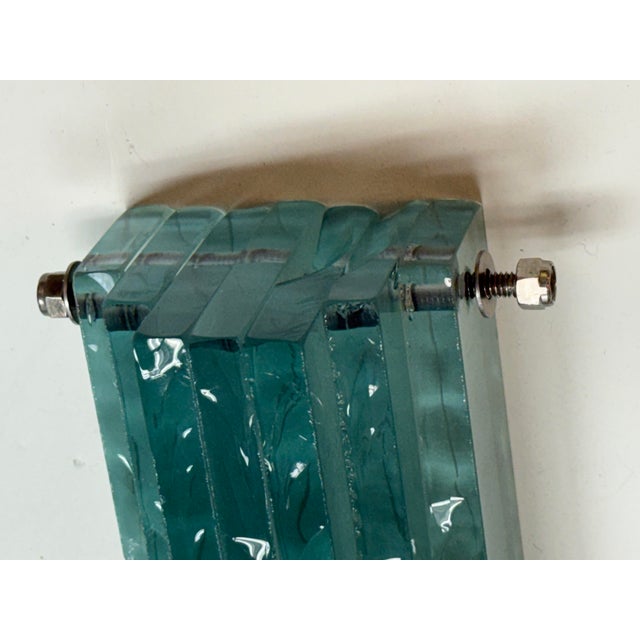 1980s Karl Springer Purcell Brass + Aqua Glass Sconces, Pair For Sale - Image 10 of 12