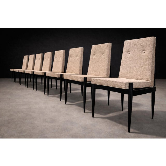 Cimo, Brazil — Set of 8 Mid-Century Dining Chairs in Ebonized Hardwood With Warm Ivory Bouclé, 1950s For Sale - Image 12 of 14