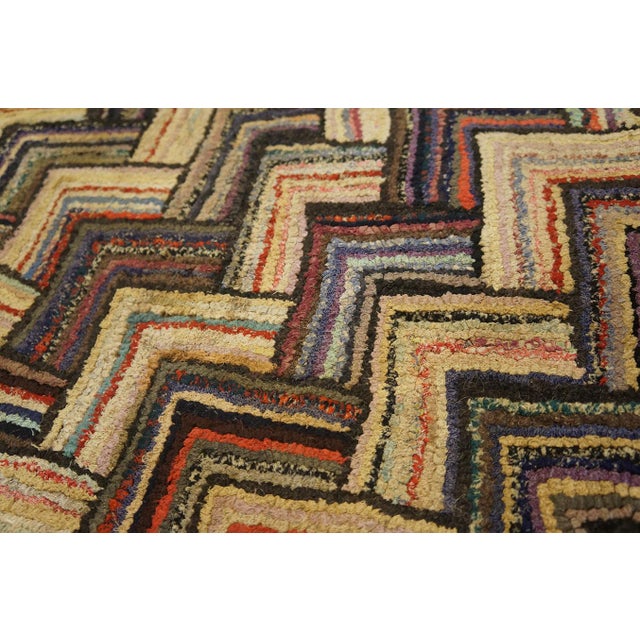 1920s Multi Brown Zig Zag Folk Art Antique American Hooked Rug 2' 7'' X 4' 6'' Handwoven Wool Carpet For Sale - Image 10 of 13