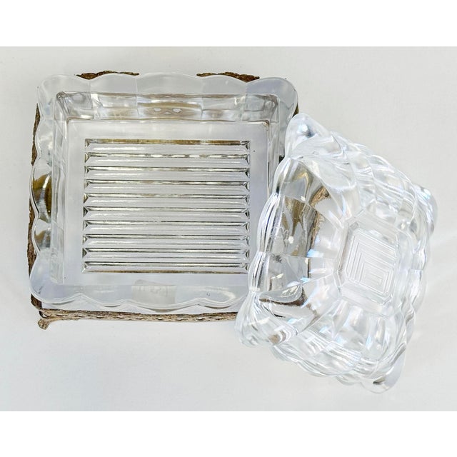 Vintage Hollywood Regency Style Glass Trinket Box W/ Footed Brass Filigree Base For Sale - Image 10 of 11