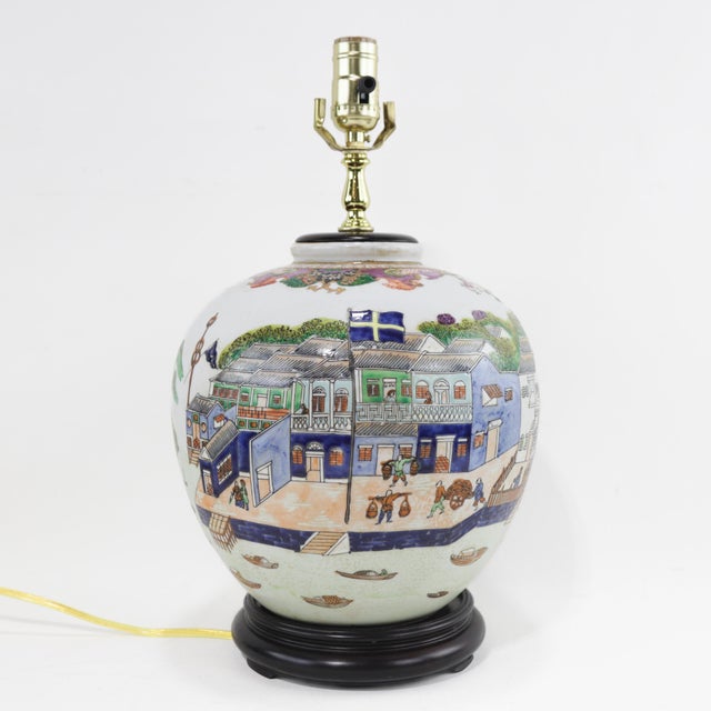 Chinese Export Porcelain Table Lamp With Canton Harbor Scene For Sale - Image 4 of 12