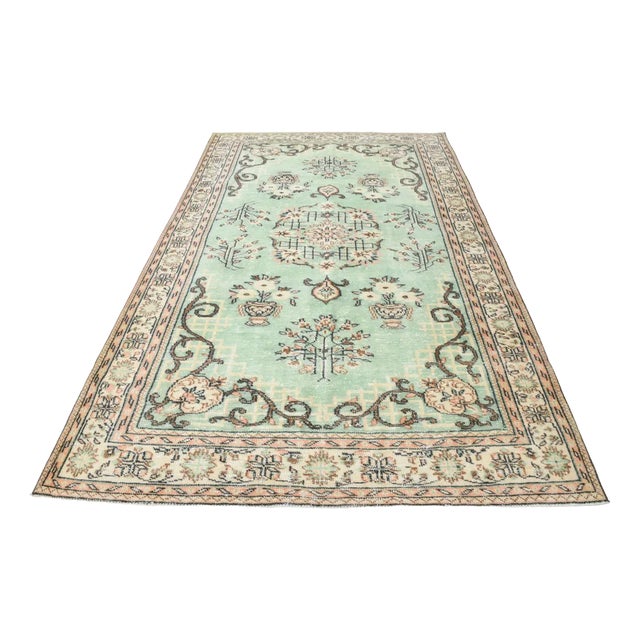 Large Vintage Green Wool Rug For Sale