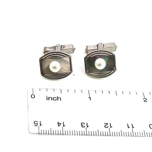 1990s Pair of Mikimoto Estate Akoya + Mother of Pearl Cufflinks 5.2 mm Sterling Silver For Sale In New York - Image 6 of 6