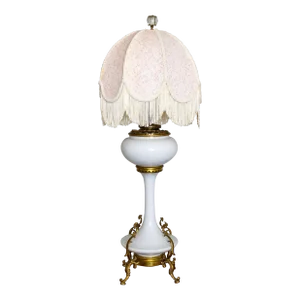 Electrified White Milk Glass Oil Lamp on Ormolu Feet | Fringed Lampshade