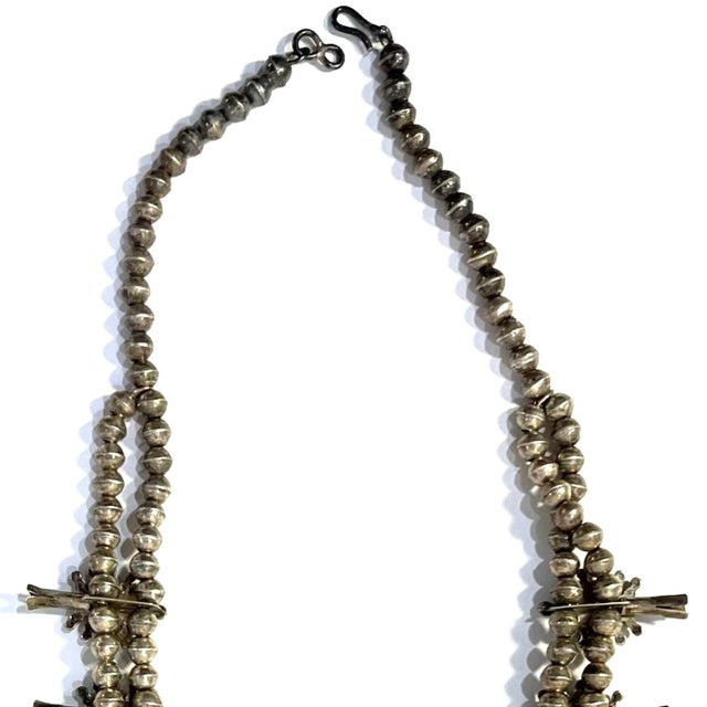 Metal Vintage Zuni Squash Blossom Sterling Silver Turquoise Necklace With Earrings Set For Sale - Image 7 of 12
