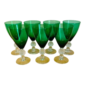 Antique Green & Clear Crystal Drink Stem Glasses- Set of 7